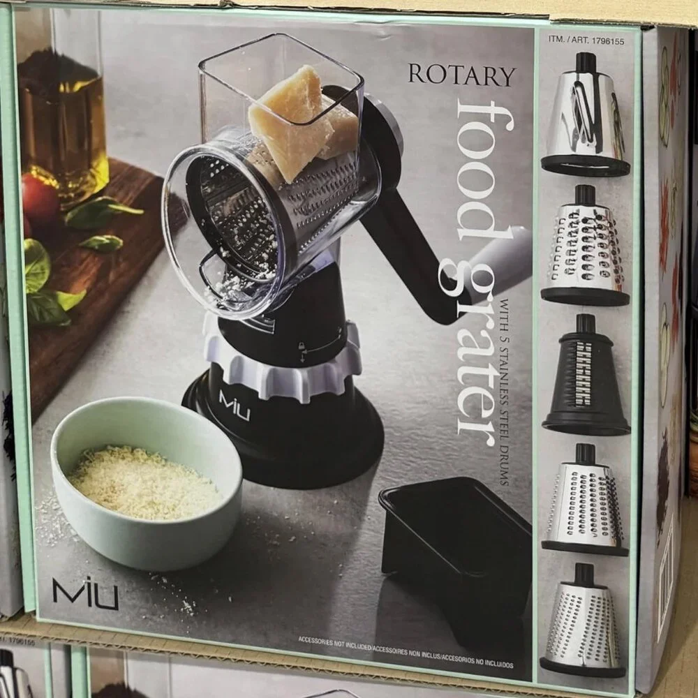Rotary Food Grater, 5 Stainless Steel Drums, Dishwasher Safe, with Storage